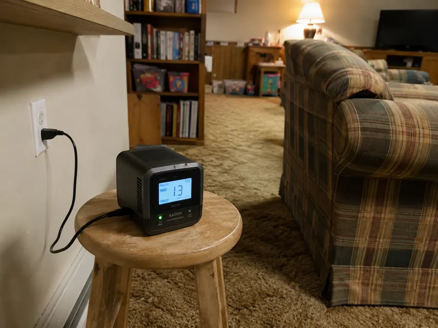 Continuous radon monitor set up for radon testing in a Pueblo CO home